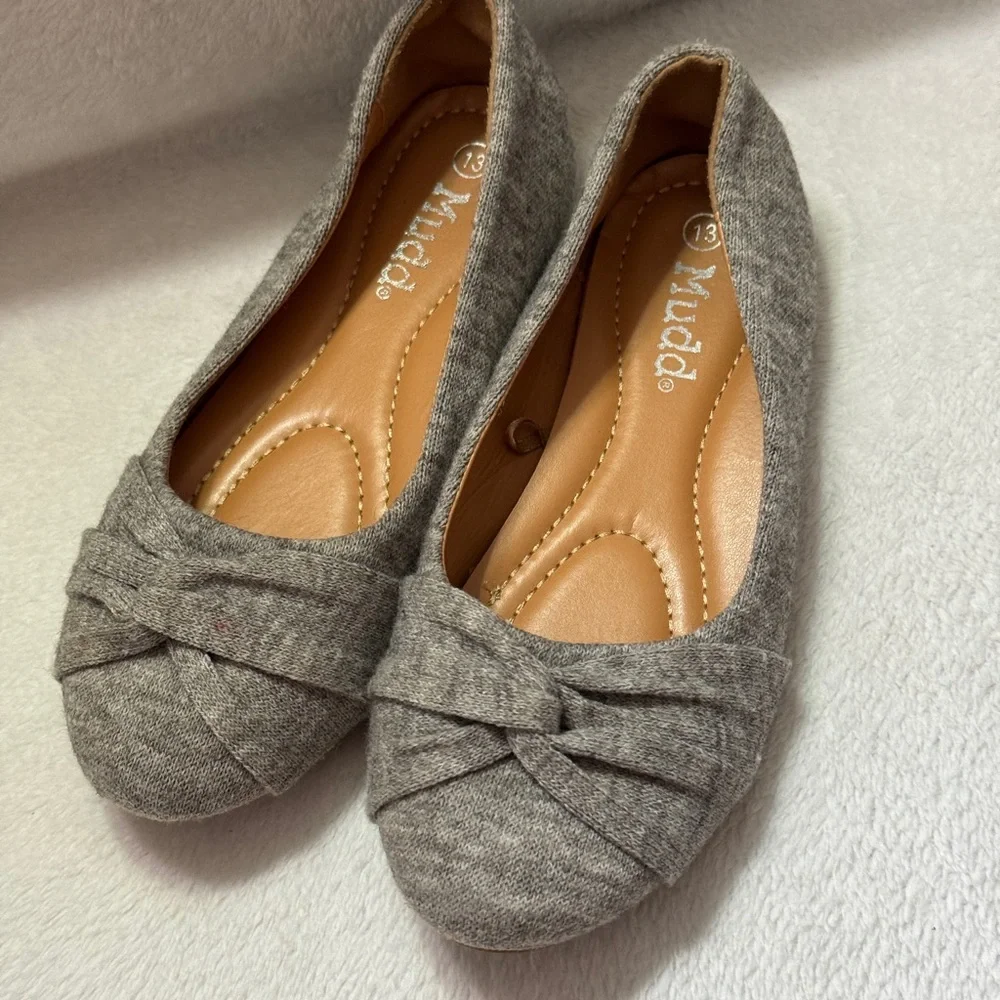 Mudd Girls Ballet Flats‎ Gray Knit Fabric Bow Slip On Shoes Size 13 APPLE-87K